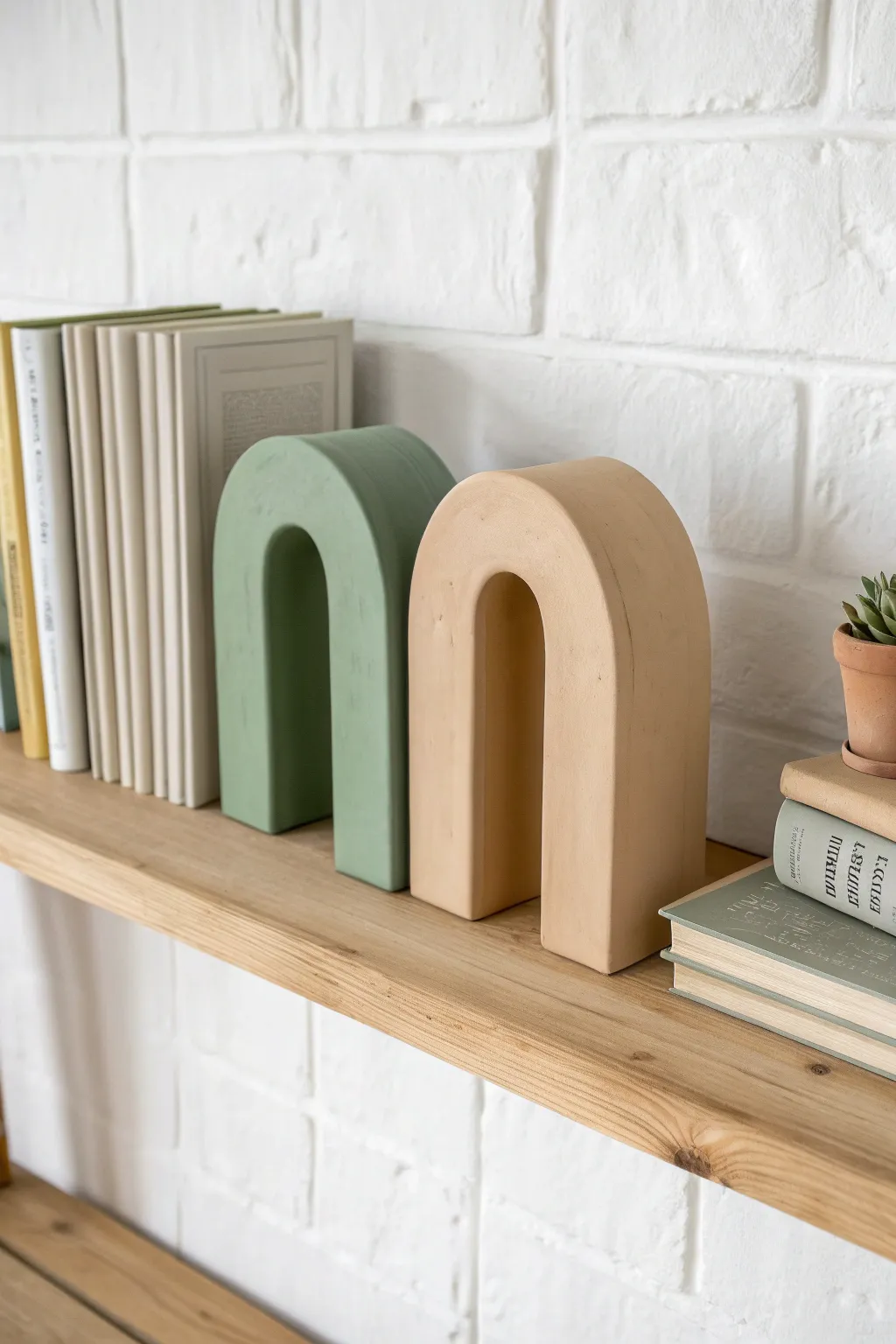 Chunky air dry clay bookends in muted tones, a minimalist shelf accent with cozy boho warmth.