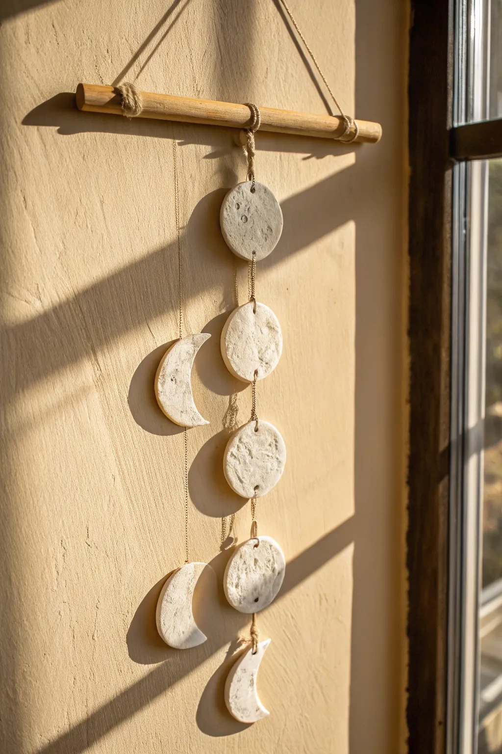 Minimal moon phase clay garland in warm neutrals, softly lit for a calm boho Scandinavian look