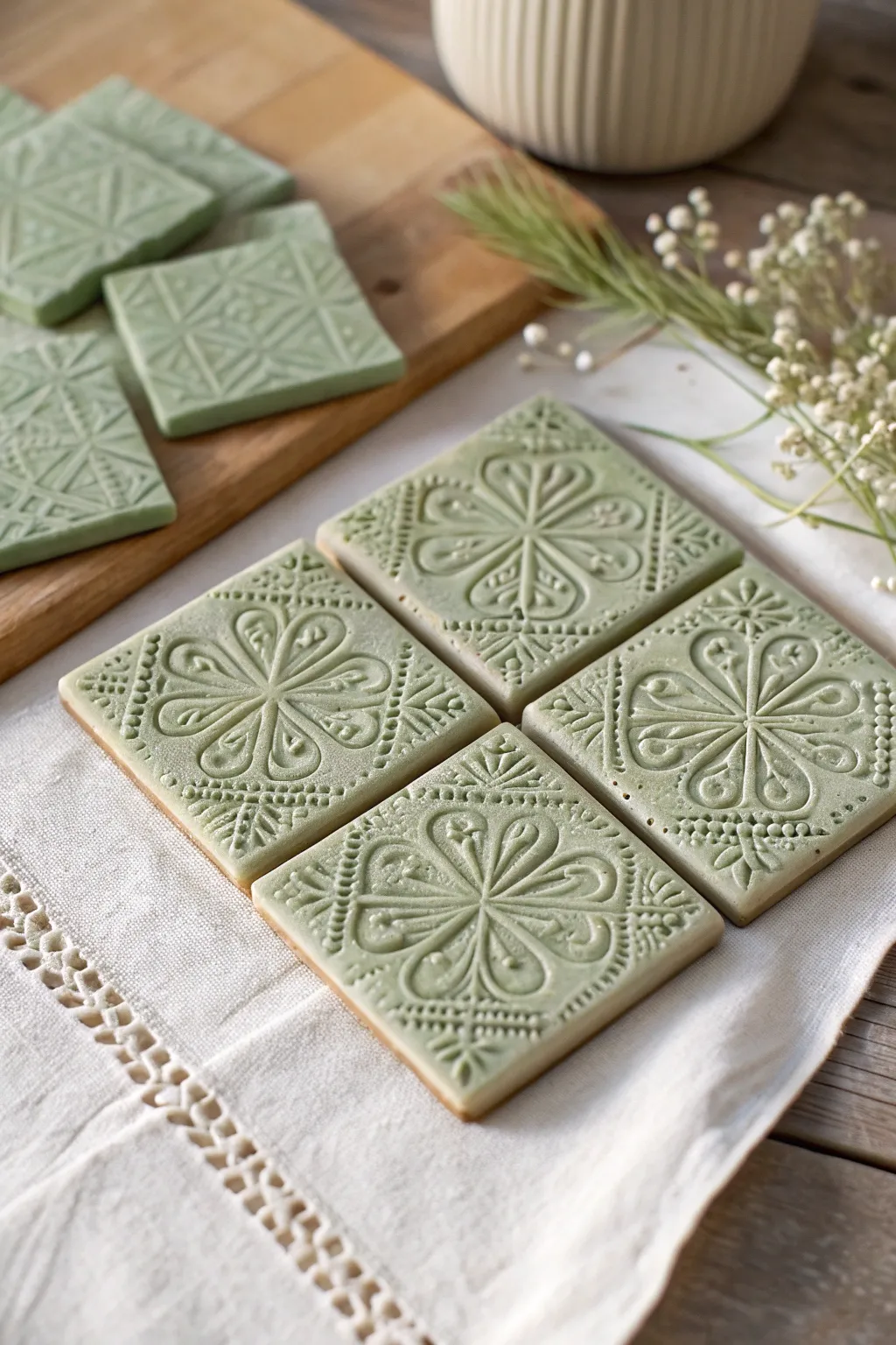 Lace stamped air dry clay tiles with a simple color wash for a soft, textured kids craft.