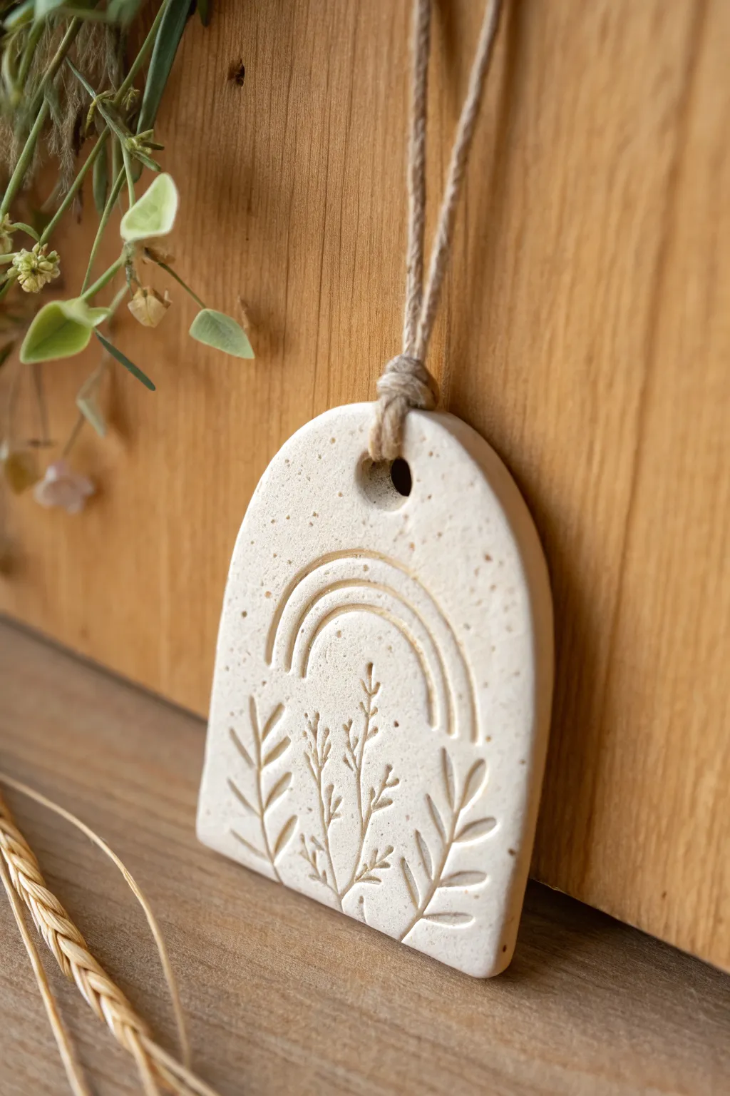 Minimal air dry clay diffuser pendant, stamped and serene, ready for a drop of essential oil.