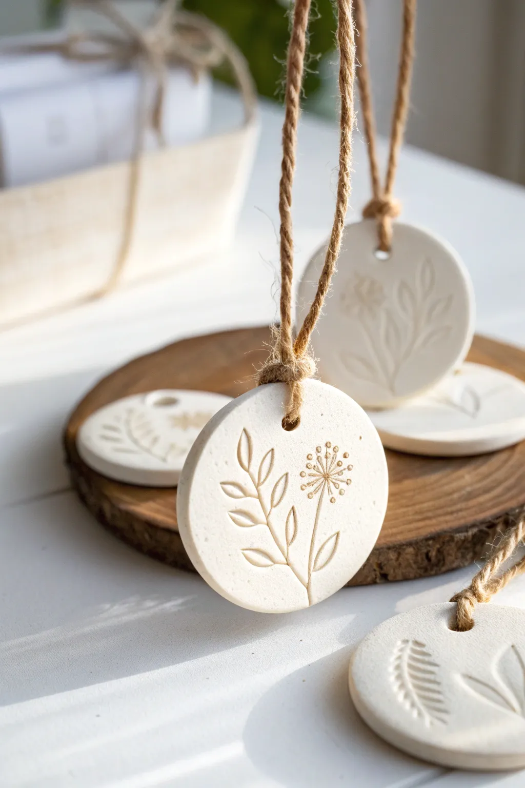 Air-dry clay diffuser discs on twine, softly stamped and styled in a calm minimalist boho nook