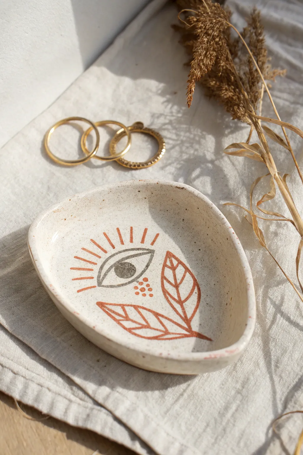 Minimal eye-shaped clay dish with a simple iris design, perfect for rings and tiny treasures.
