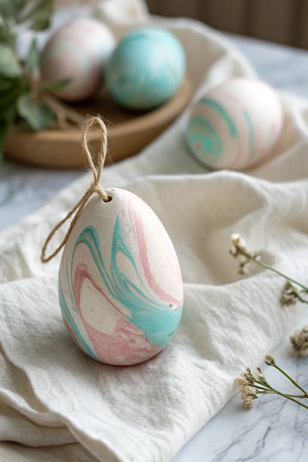 Pastel marbled air-dry clay egg ornament on linen for a minimal, spring-ready Easter touch.