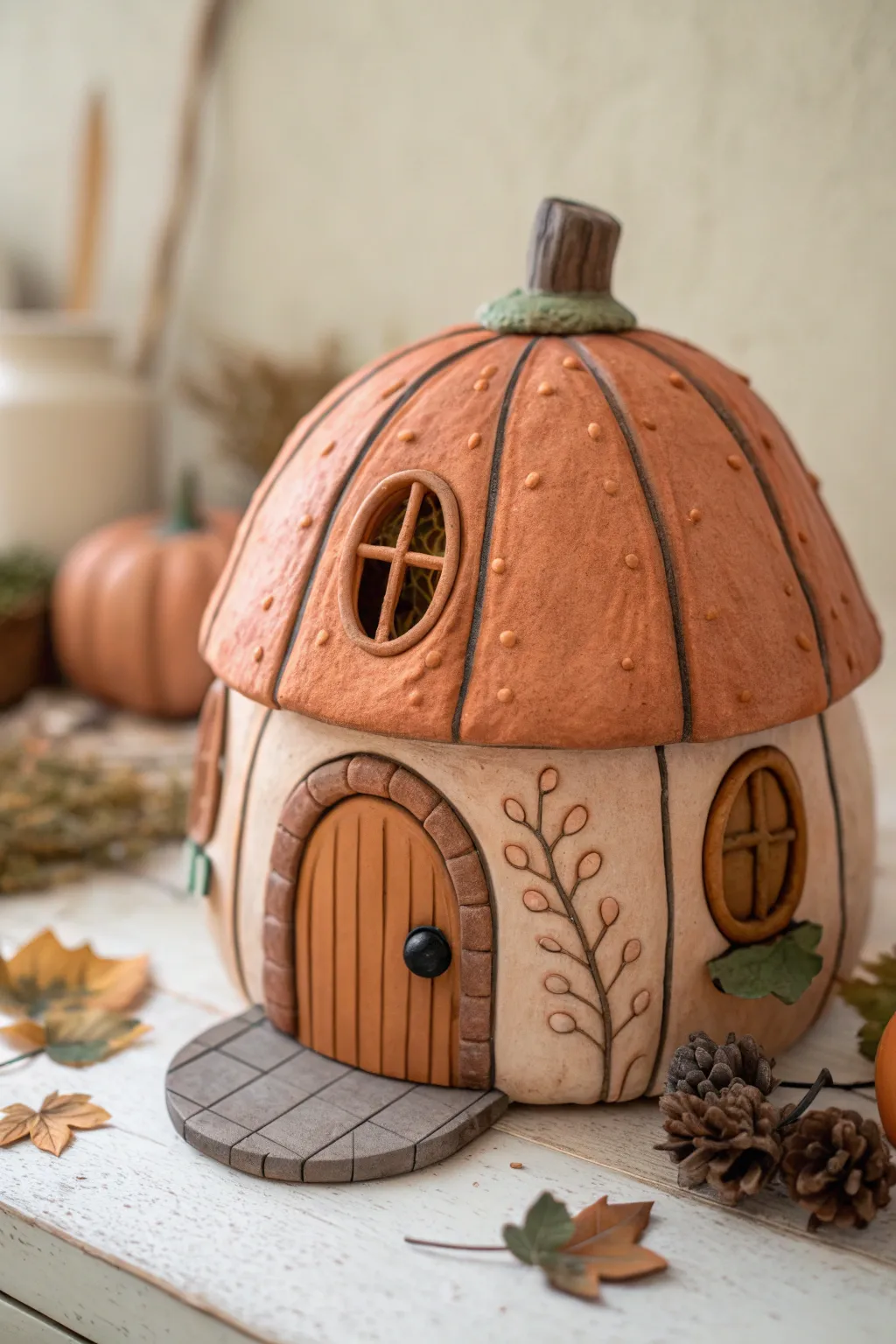 Cozy pumpkin cottage fairy house in air dry clay, perfect autumn decor for magical shelves