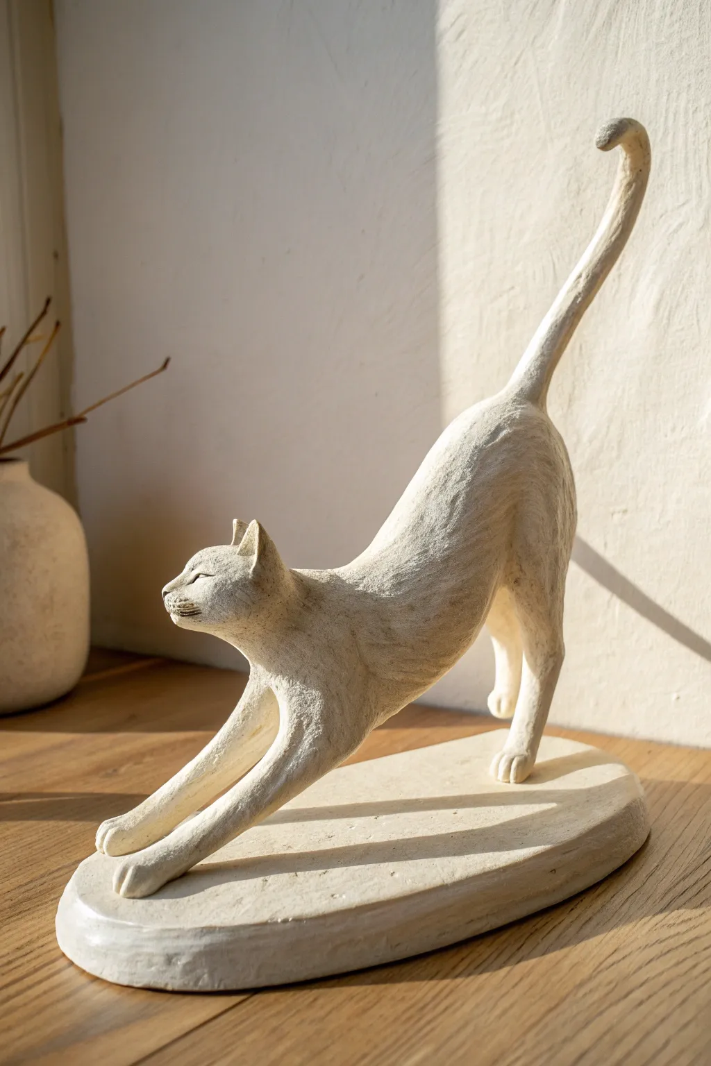 Minimalist air dry clay stretching cat on a neat base, simple poseable charm for beginners.