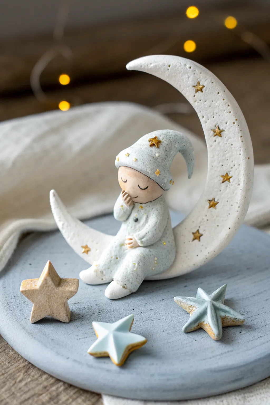 Dreamy air dry clay sprite curled on a crescent moon with tiny stars in soft Nordic tones