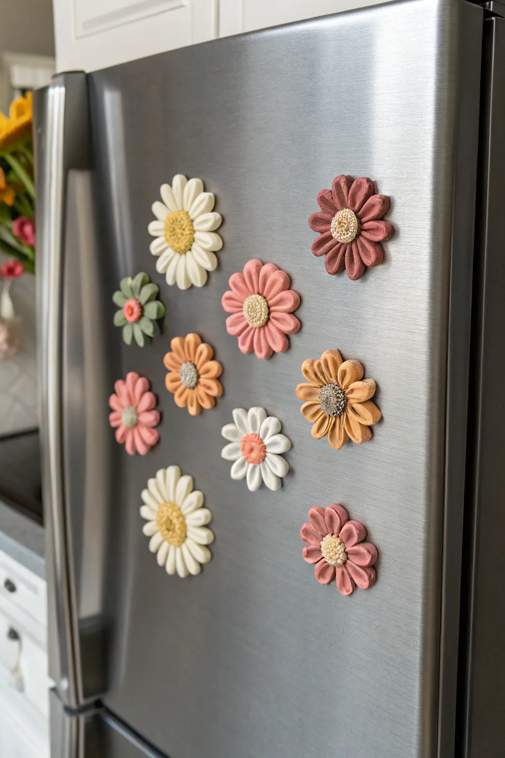 Mini air dry clay flower magnets bring sweet color and boho charm to a minimalist fridge.