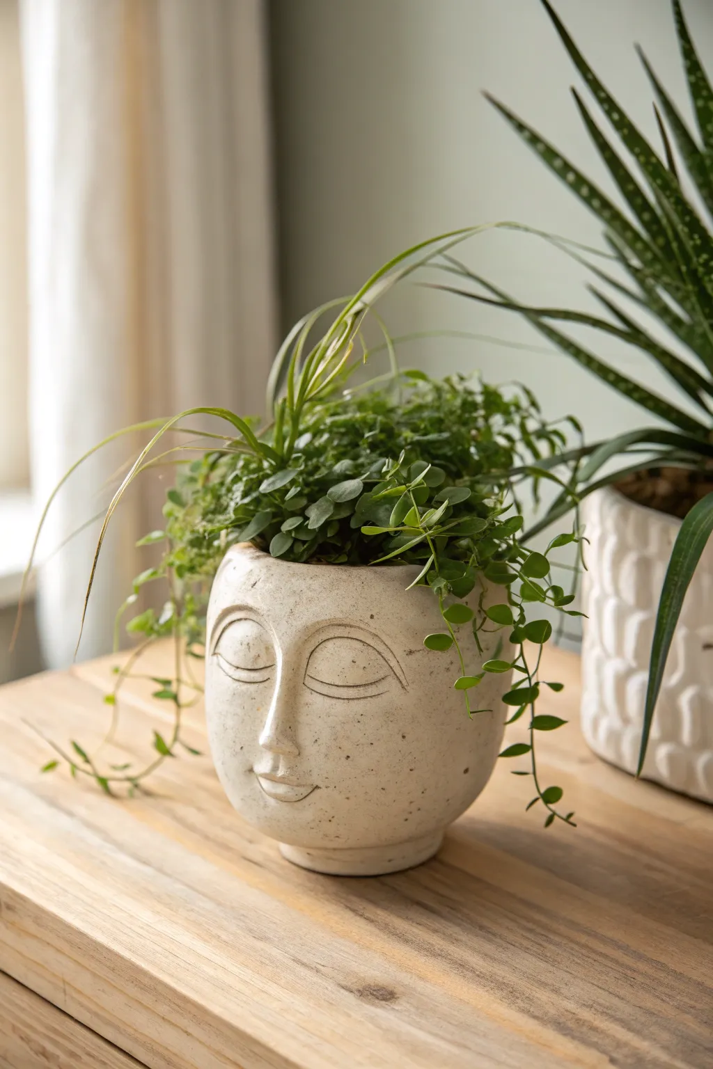Minimal air-dry clay face planter with leafy hair, calm features, and clean Scandinavian style