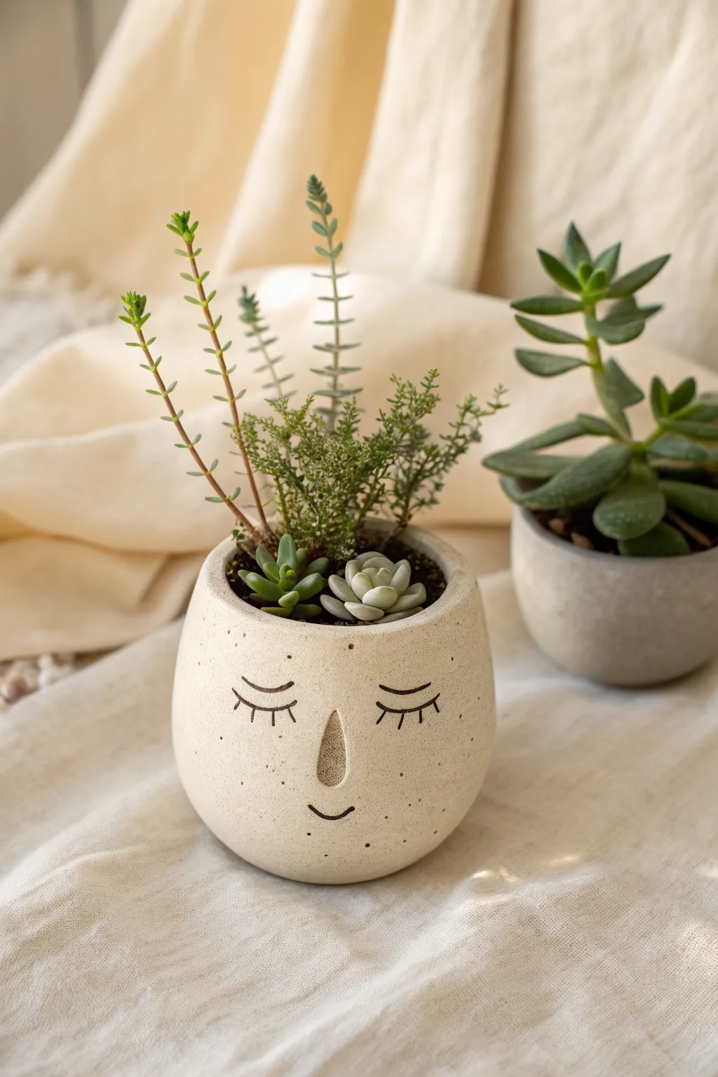 Mini air dry clay face vase with leafy hair styling, a cute minimalist planter for small spaces
