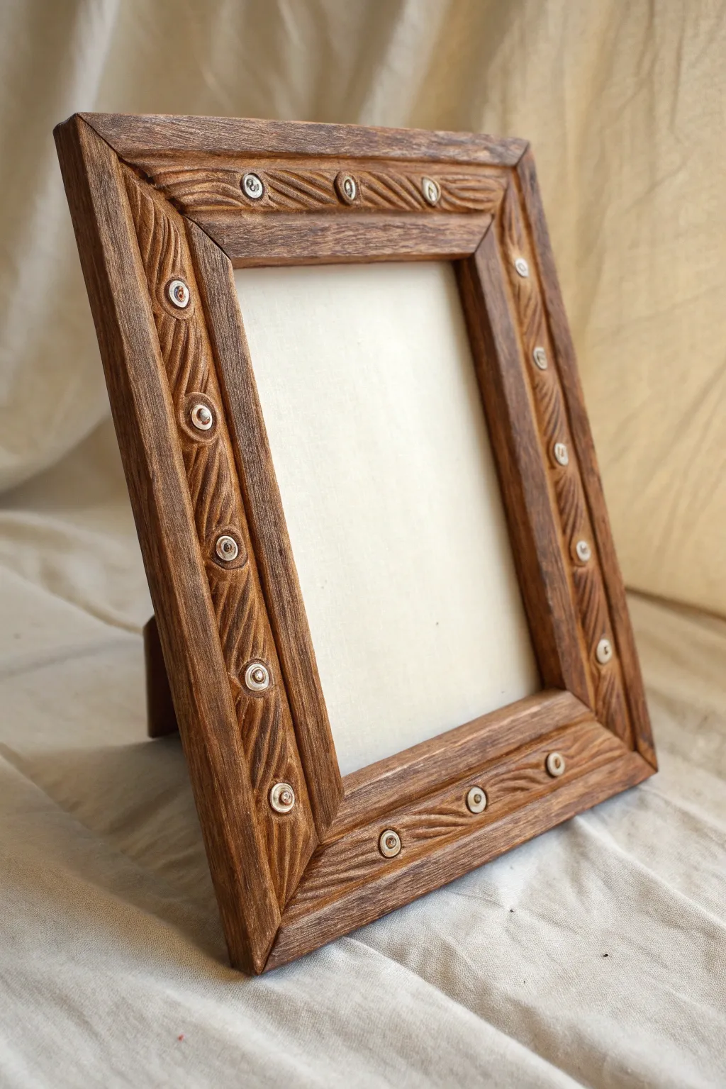 Warm walnut faux woodgrain air dry clay frame, minimalist boho styling with crisp texture contrast