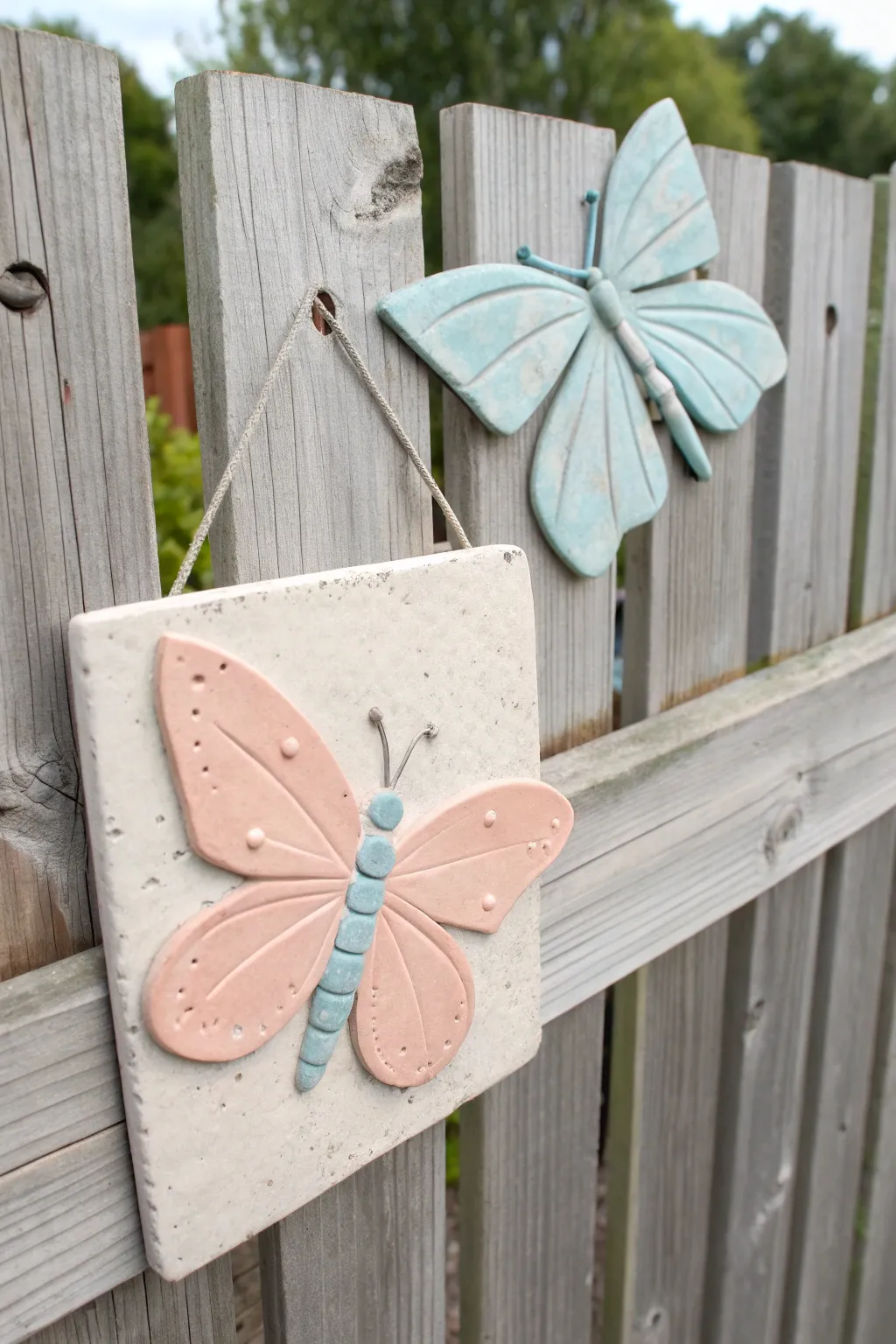 Air dry clay butterfly and dragonfly fence plaque, a bright boho-minimal accent for any garden