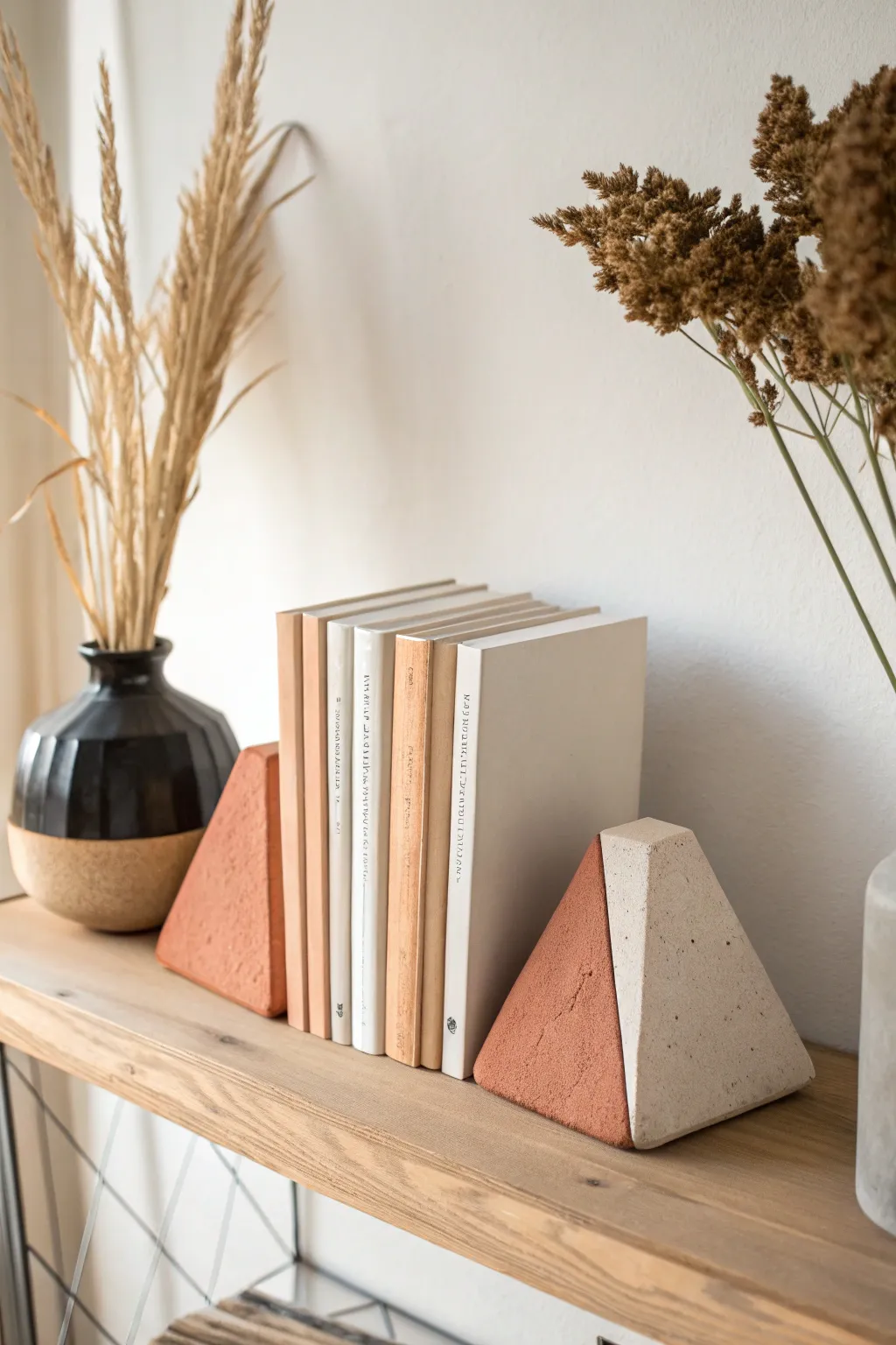 Chunky color blocked air dry clay bookends for a modern shelf, minimalist with a cozy boho touch.