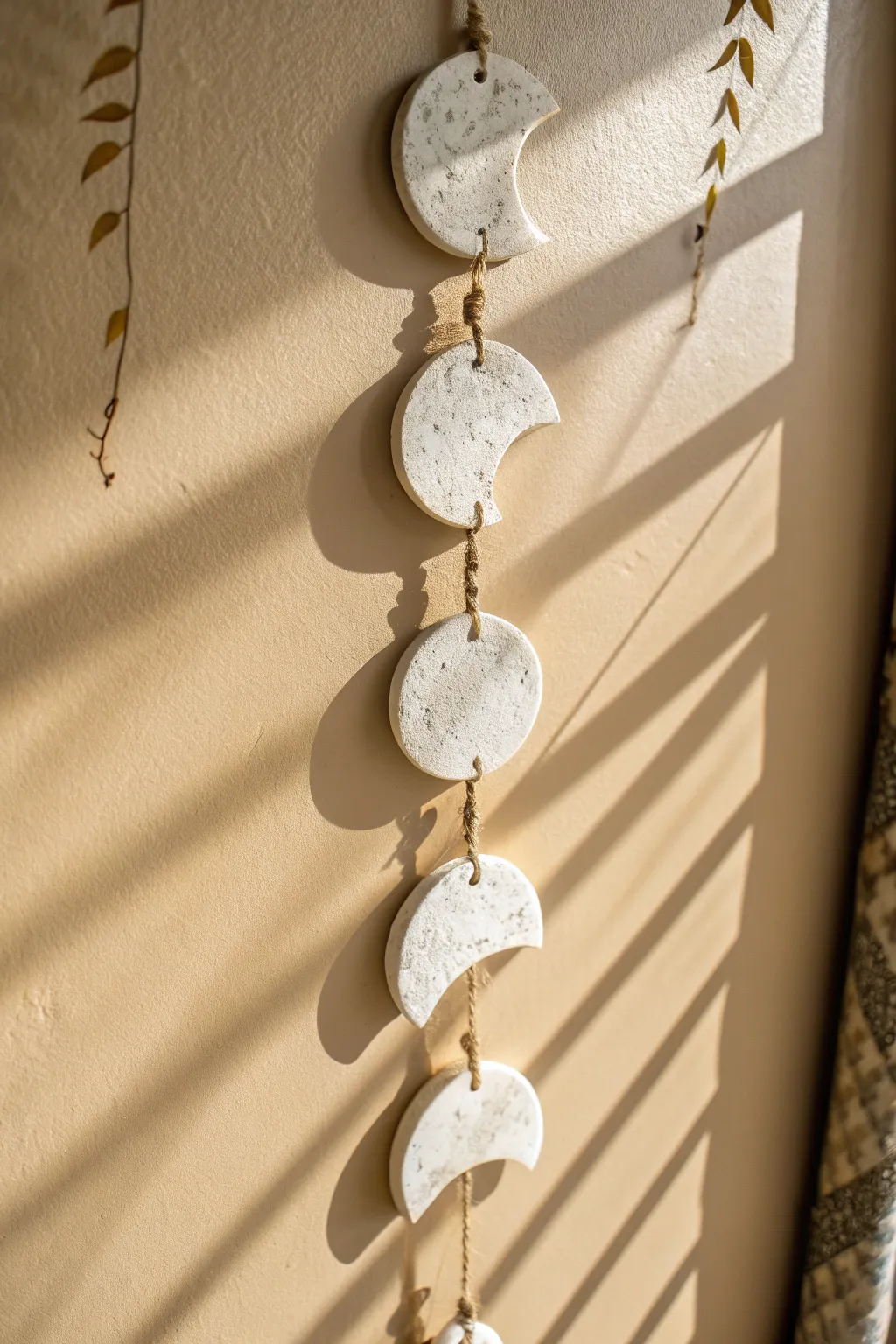 Minimal air dry clay moon phase wall hanging in matte ivory, calm shadows and cozy boho charm.