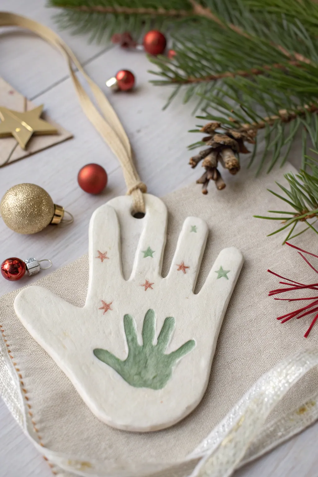 Simple air-dry clay handprint tree ornament with star and ribbon, perfect DIY keepsake.
