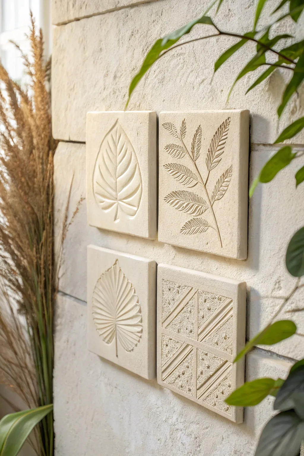 Four stamped air dry clay tiles turn simple texture into minimalist wall art for any room