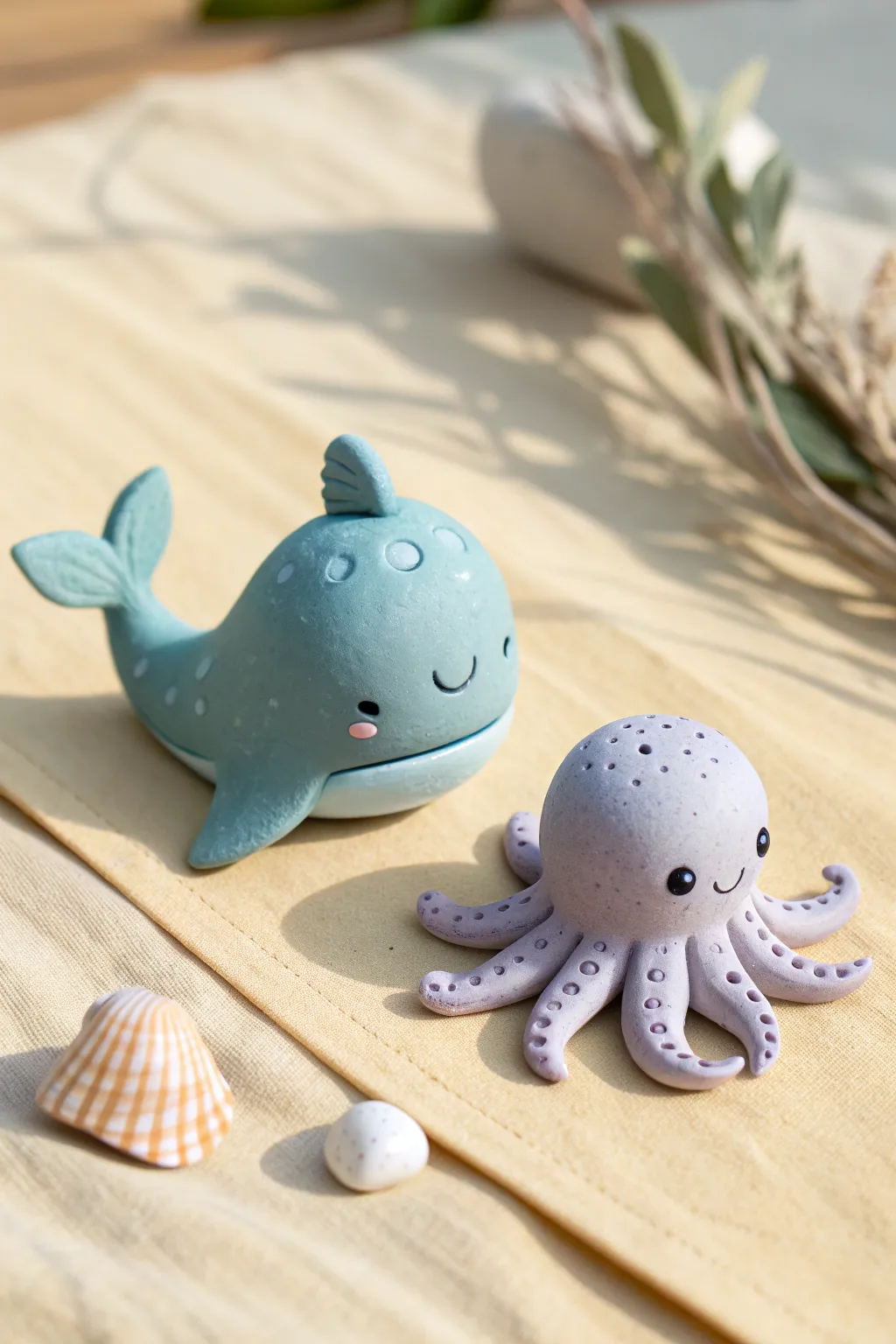Minimalist clay whale and octopus desk friends in calm ocean tones, simple and soothing
