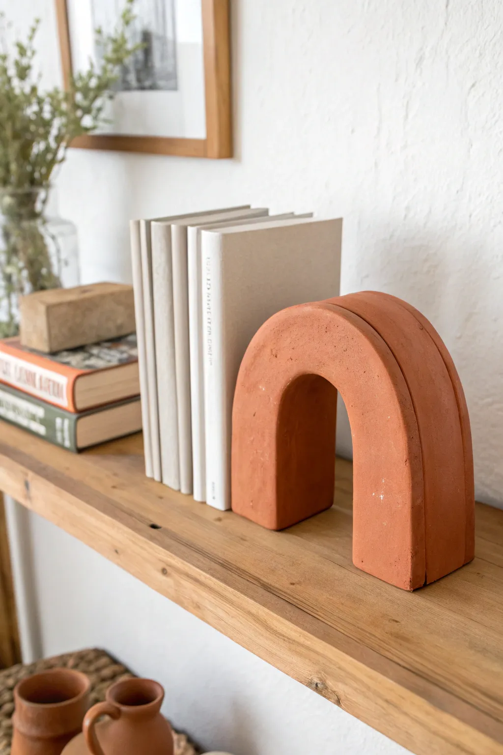 Chunky air dry clay bookends in dusty terracotta, minimalist blocks elevating your shelf styling