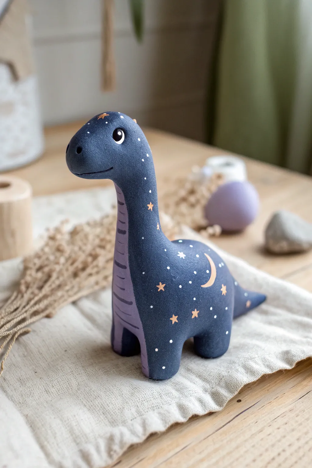 Starry night air dry clay dino with speckled spots and a soft gradient belly, cozy minimal vibes