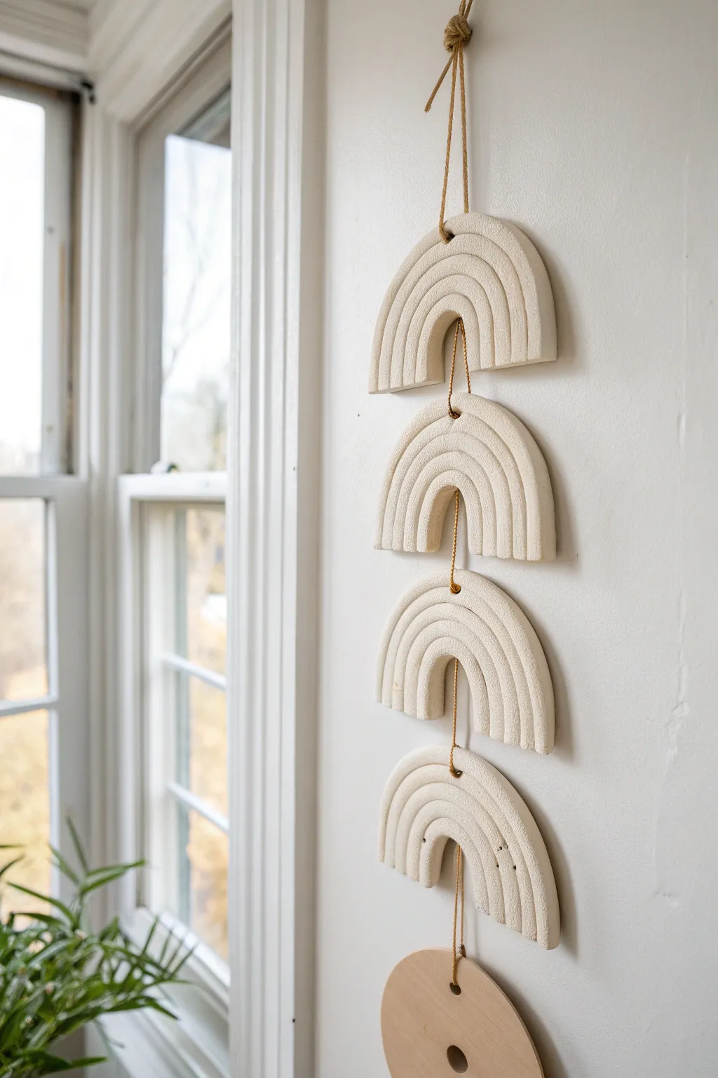 Beginner-friendly air dry clay arch wall hanging with simple holes and natural cord
