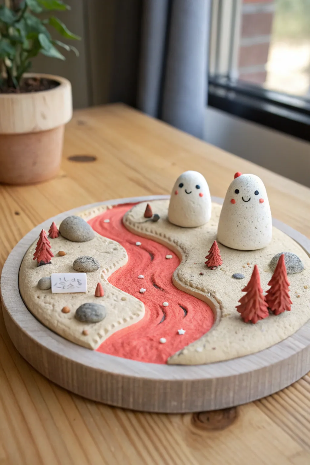 Mini creature world clay base with bold lava river and two cute monsters, ready for play.