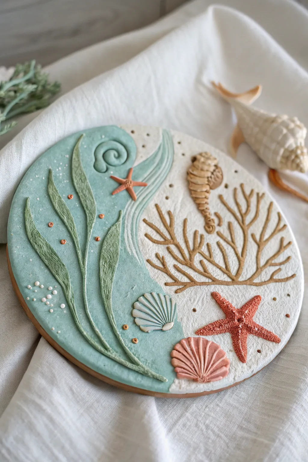 Under-the-sea clay plaque with raised coral textures in calm ocean tones, simple and kid-friendly