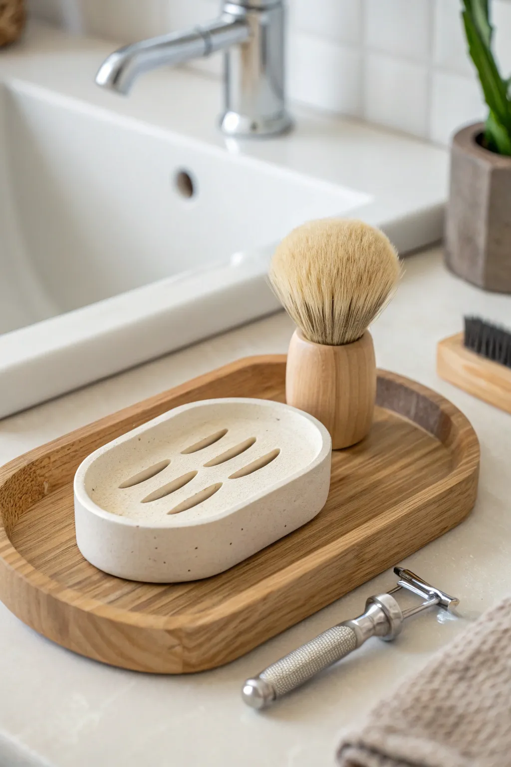 Minimal clay tool rest with grooves, styled for a shaving brush or studio brushes in calm neutrals