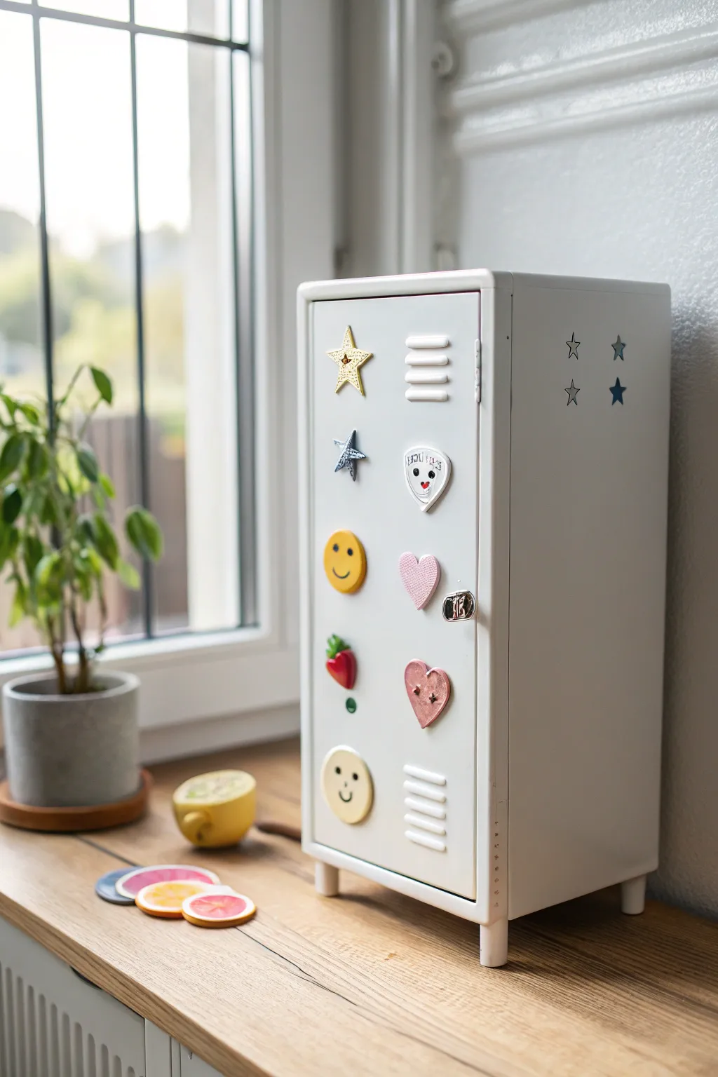 Cute air dry clay magnet icons for teens, styled on a minimalist board in soft boho pastels