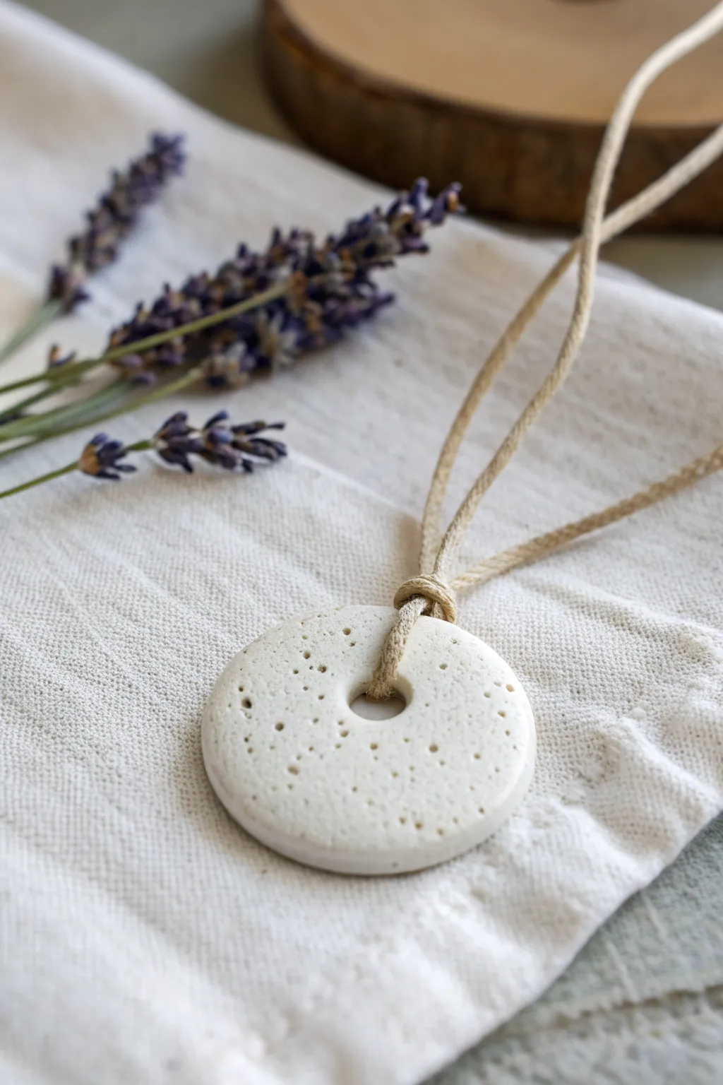Minimal air-dry clay diffuser pendant with lavender styling, calm boho meets Scandinavian ease
