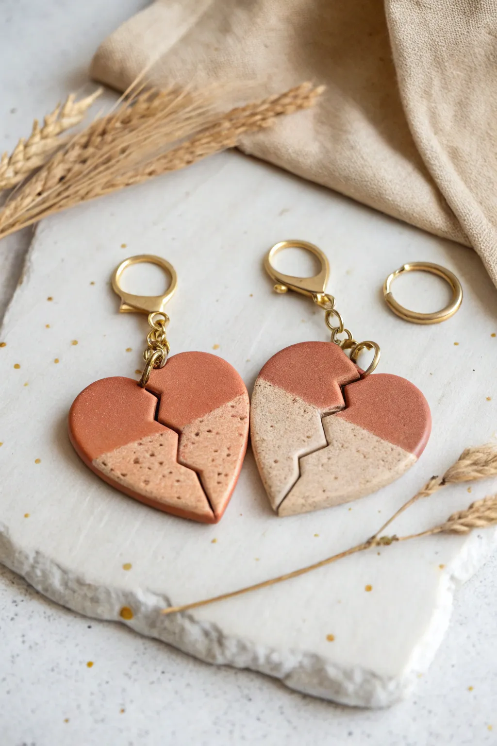 Split best friend air dry clay keychains in soft boho tones, a simple DIY gift for two.