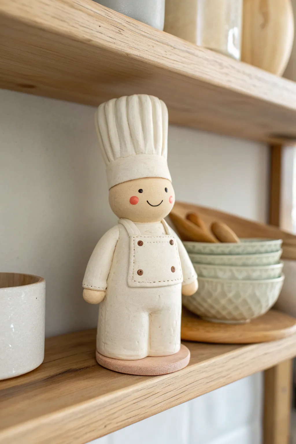A sweet air dry clay chef figurine adds handmade charm to a minimalist kitchen shelf.
