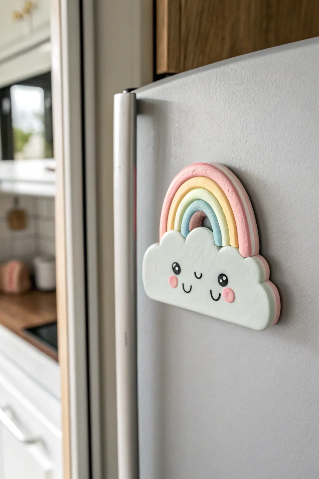 Pastel cloud with tiny rainbow accent, a cute air dry clay magnet idea for minimalist kitchens
