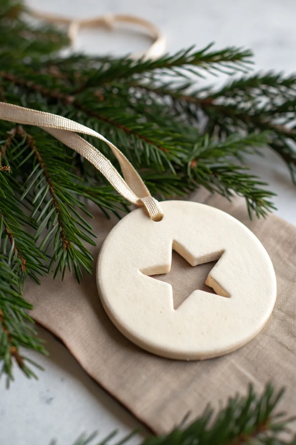 Minimal clay ornament with bold star cut-out, letting deep pine green peek through.