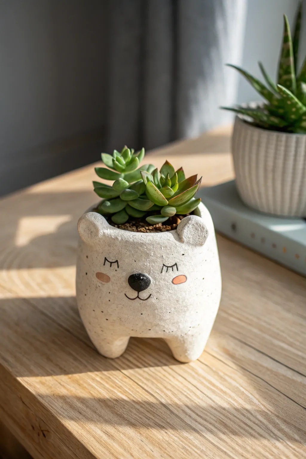 Cute air-dry clay bear planter with tiny ears and paws, Scandinavian minimal boho style