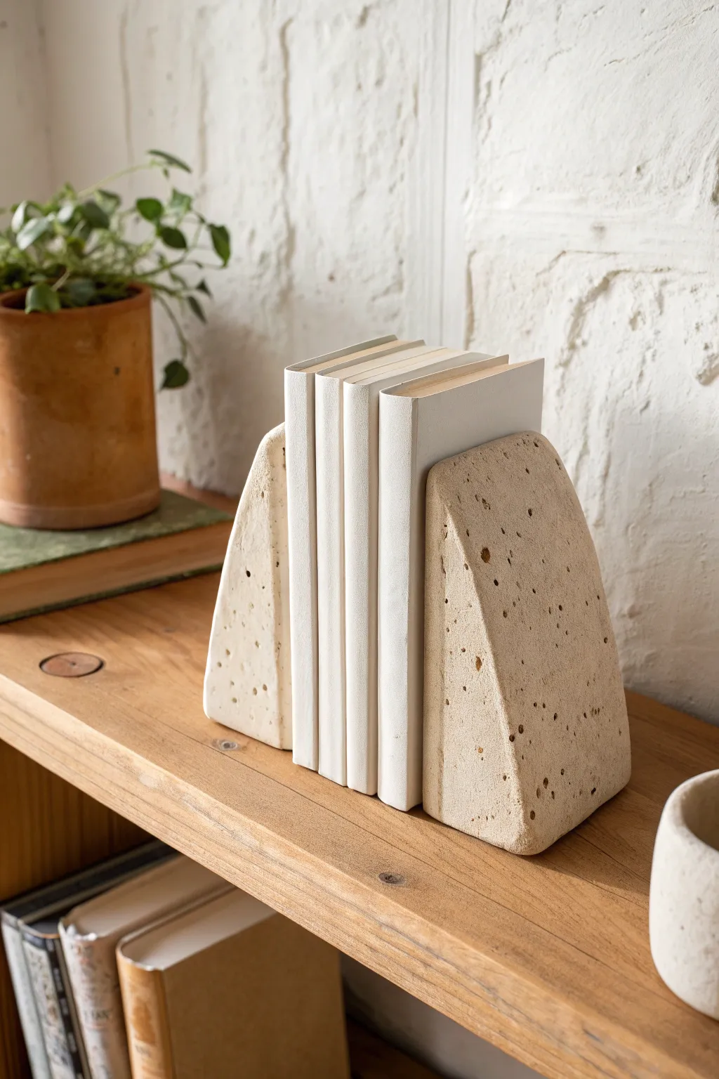 Chunky air-dry clay bookends in matte speckled neutrals for a calm minimalist shelf.