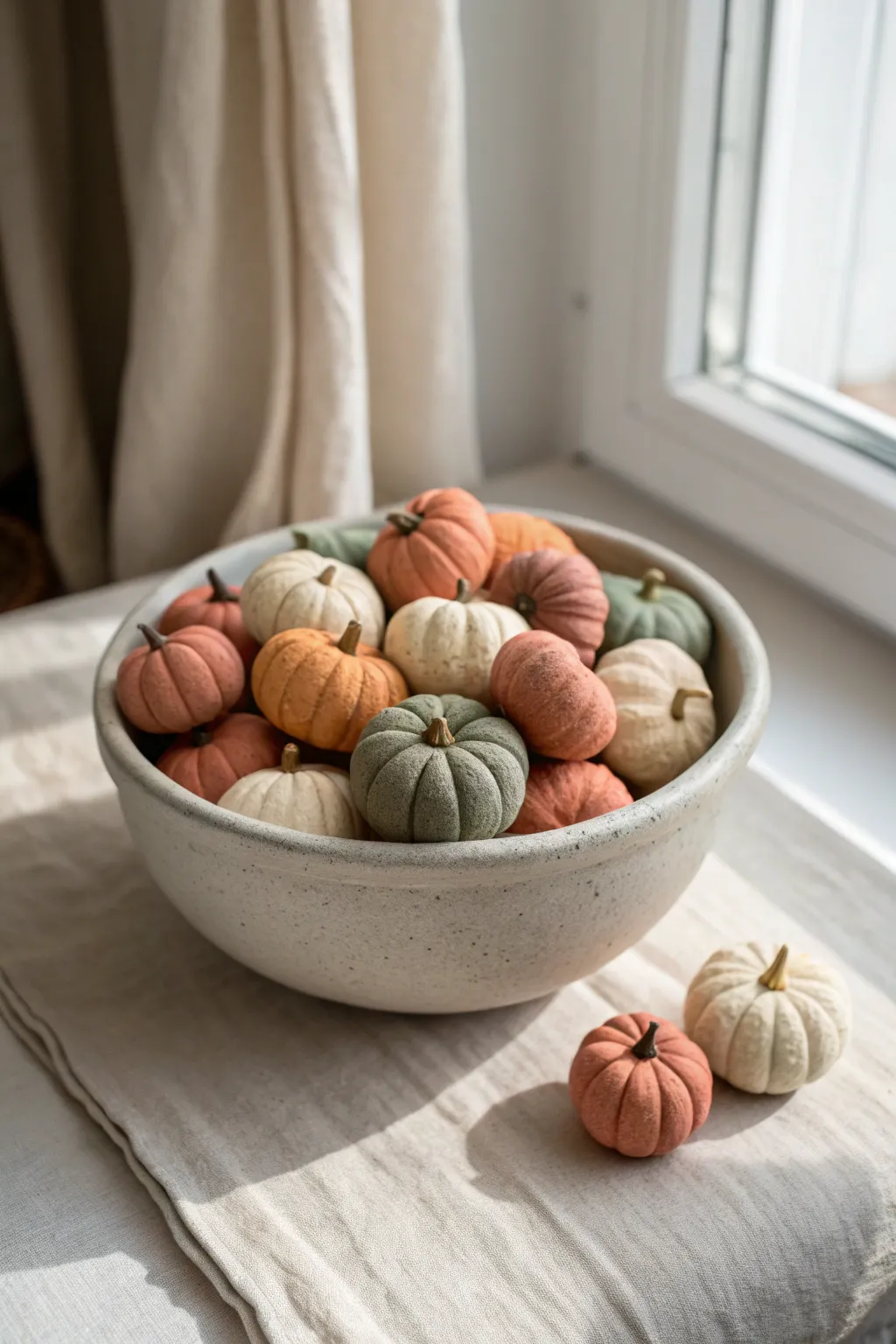 Mini air dry clay pumpkins spilling from a bowl for effortless cozy fall table styling