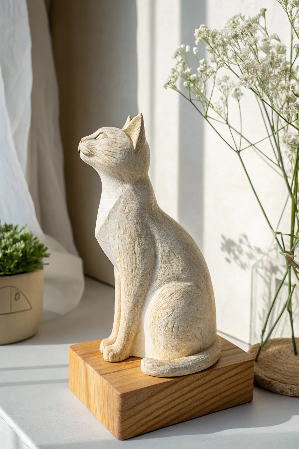 Try a wire-armature air-dry clay cat sculpture, smooth sanded finish on a simple plinth.