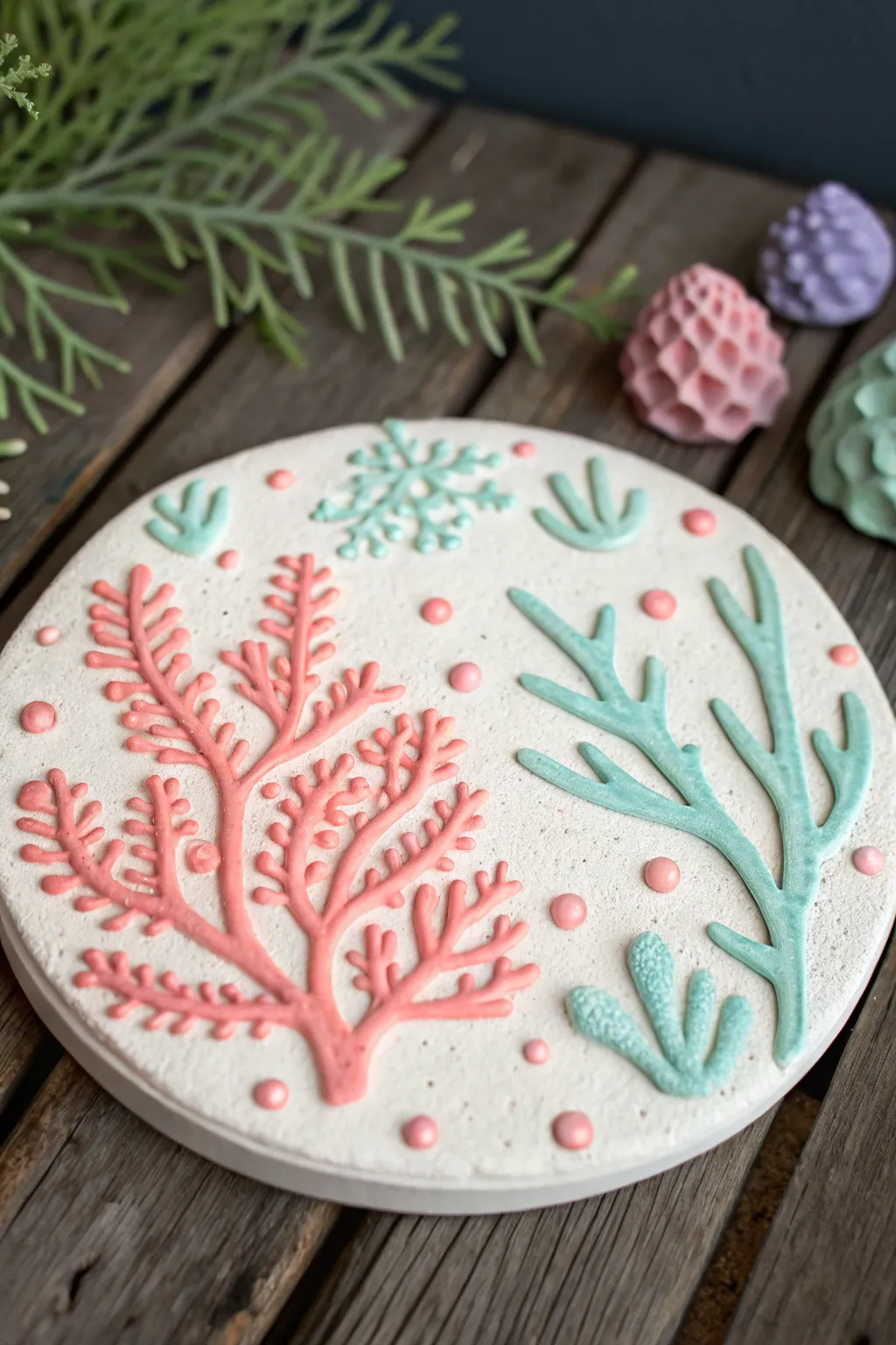 Glow-style coral reef wall plaque in air dry clay, bright neon colors on a moody backdrop