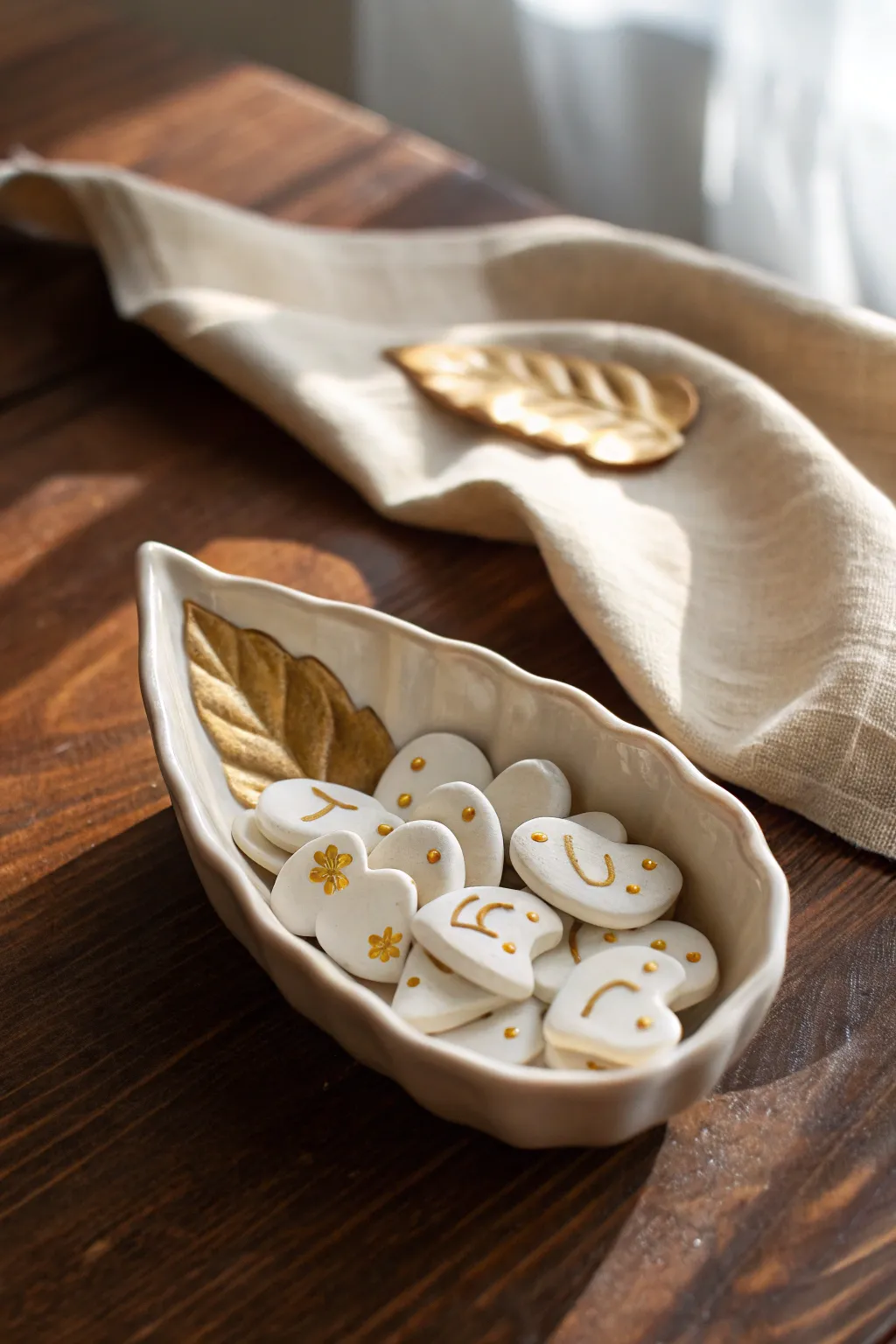 Creamy air-dry clay wishbone charms with gold touches, styled as a cozy Thanksgiving keepsake.