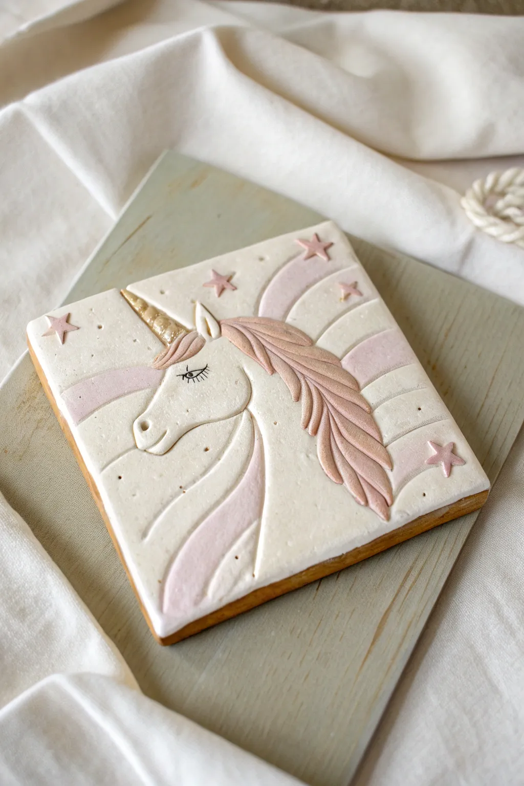 Minimal air dry clay unicorn relief tile in soft neutrals, highlighting texture and calm boho style