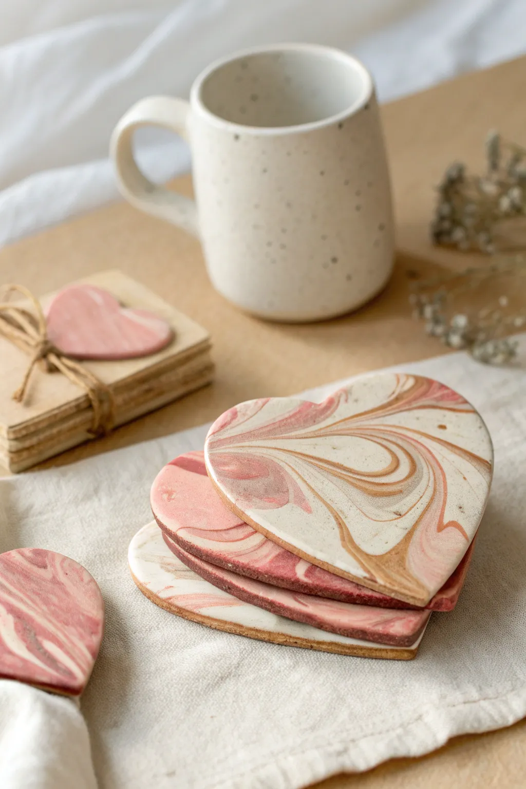 Marbled heart coasters in soft blush tones, stacked neatly with a simple mug for scale.