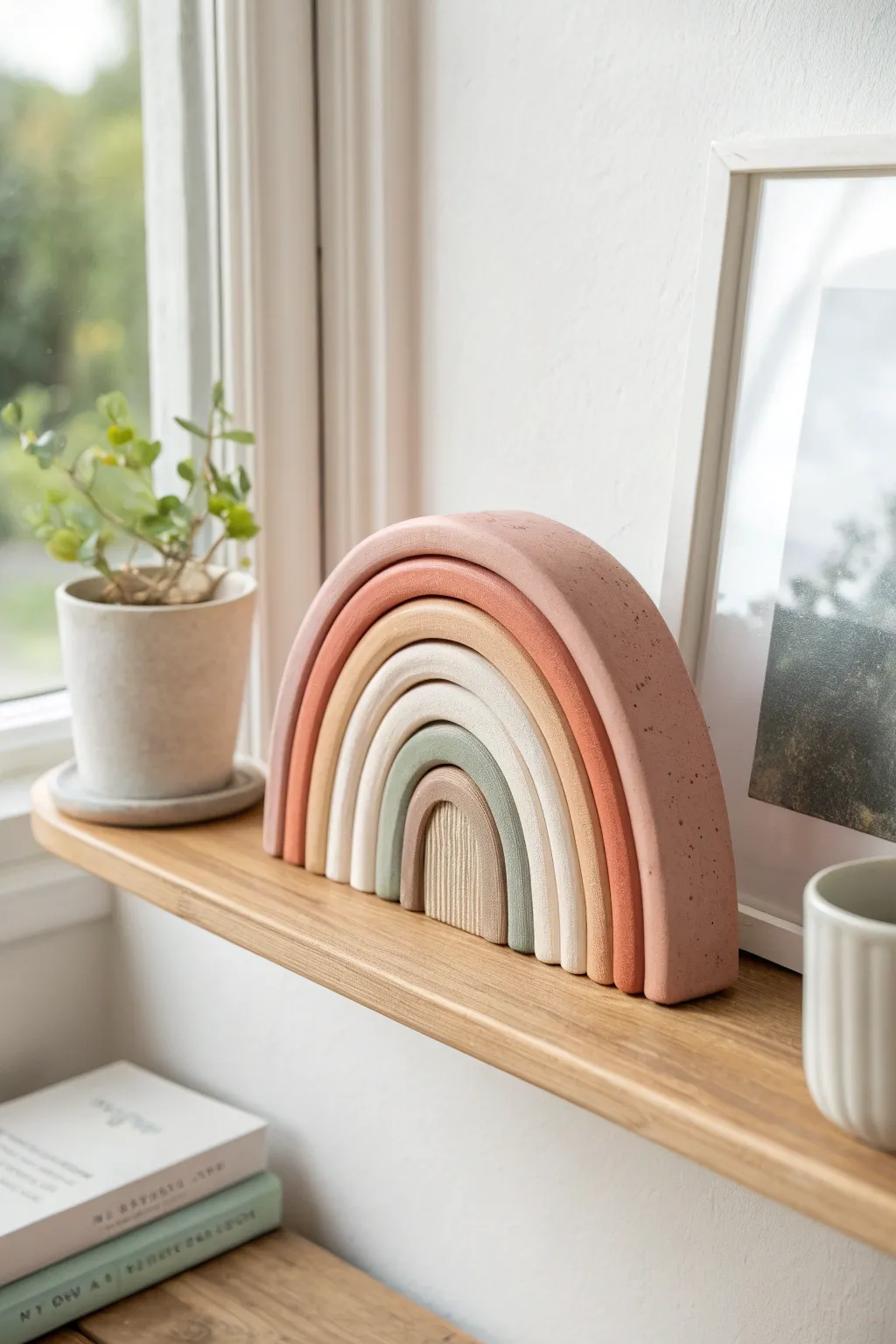 Chunky air dry clay rainbow arch in muted boho tones, styled on a minimal Scandinavian shelf.