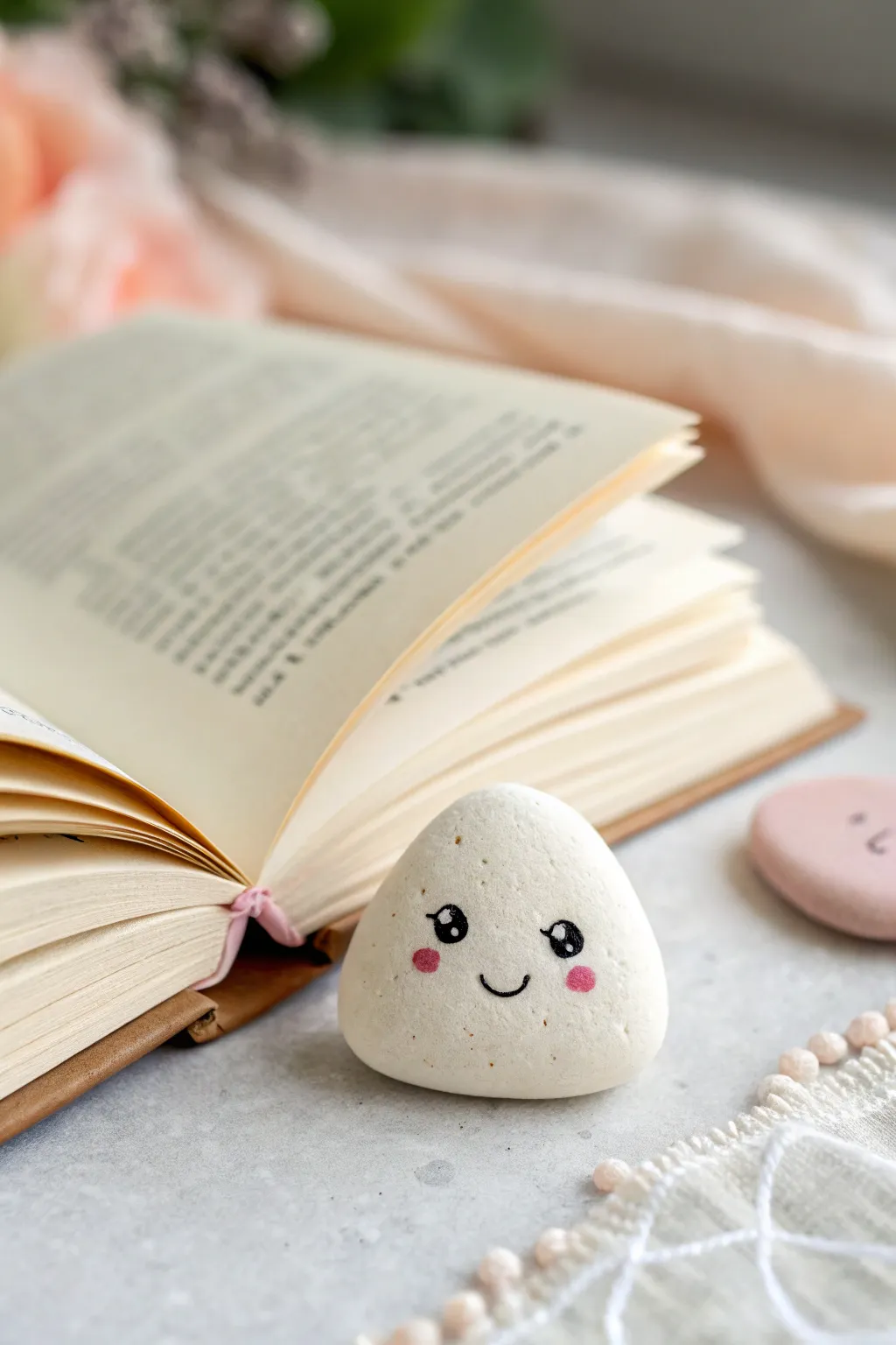 Kawaii air-dry clay thumb page opener with rosy cheeks, minimalist boho styling, soft beige tones.