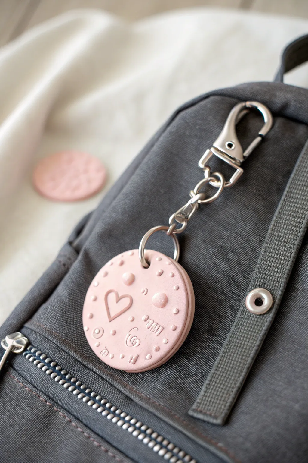 Kawaii foam clay name tag with puffy lettering and tiny hearts, perfect for bags and keys