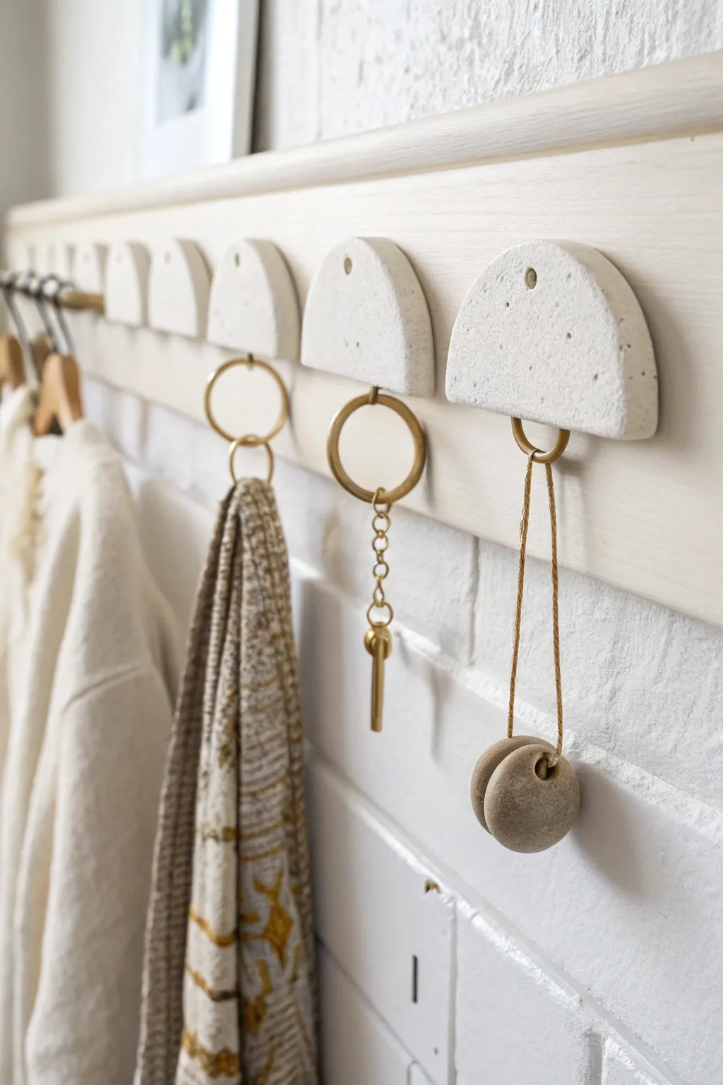 Minimal air dry clay wall hooks in modern shapes, perfect for holding jewelry or keys