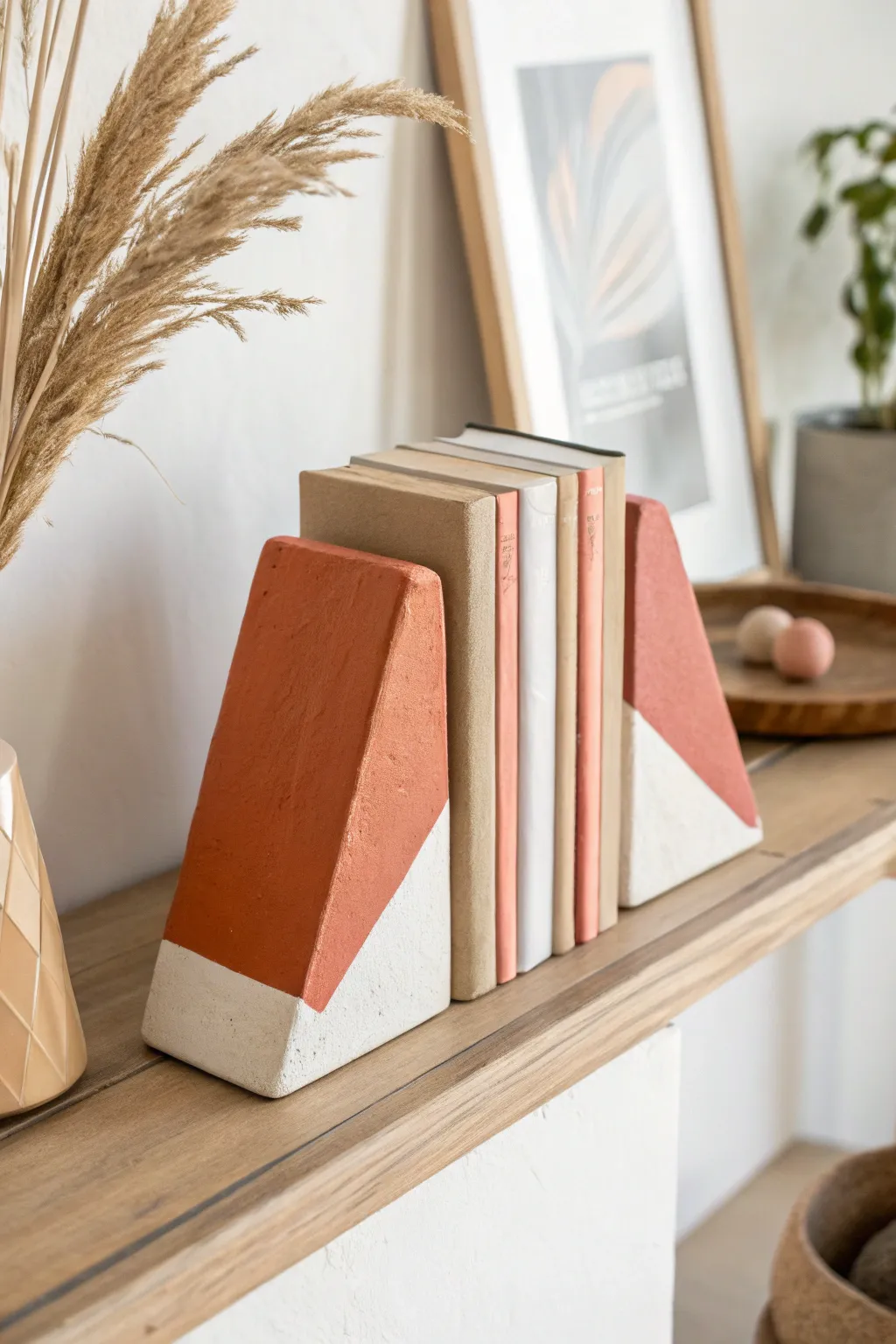 DIY-ready air-dry clay bookends with bold color blocks for a minimal, boho-inspired shelf.