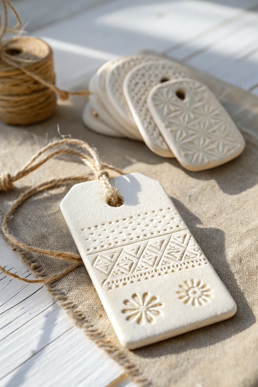 Minimal air-dry clay gift tags with stamped texture and twine, perfect for simple handmade decor.