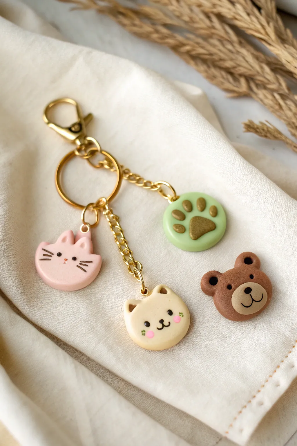 Sweet handmade clay animal charms on a minimalist keychain, perfect tiny companions for keys.