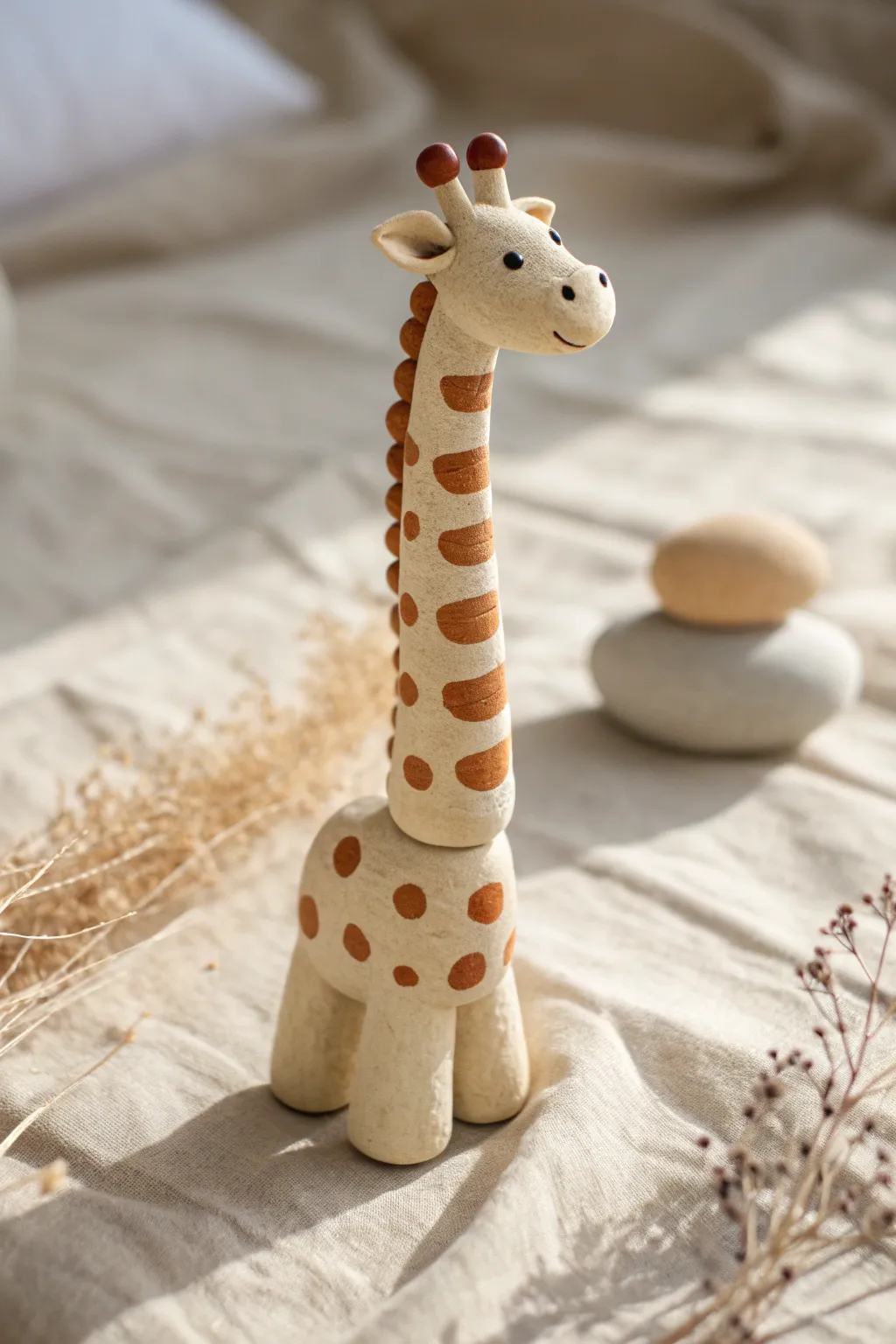 Stacked-oval clay giraffe with a long neck and simple spots, styled in cozy minimalist tones