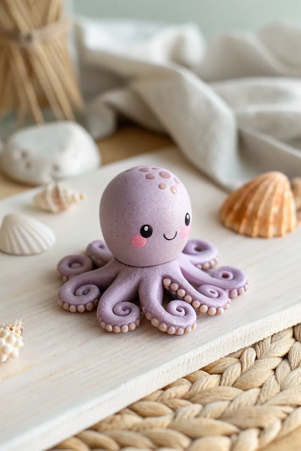 Tiny kawaii octopus in soft lavender clay, curled loop arms, minimalist charm on neutral linen.