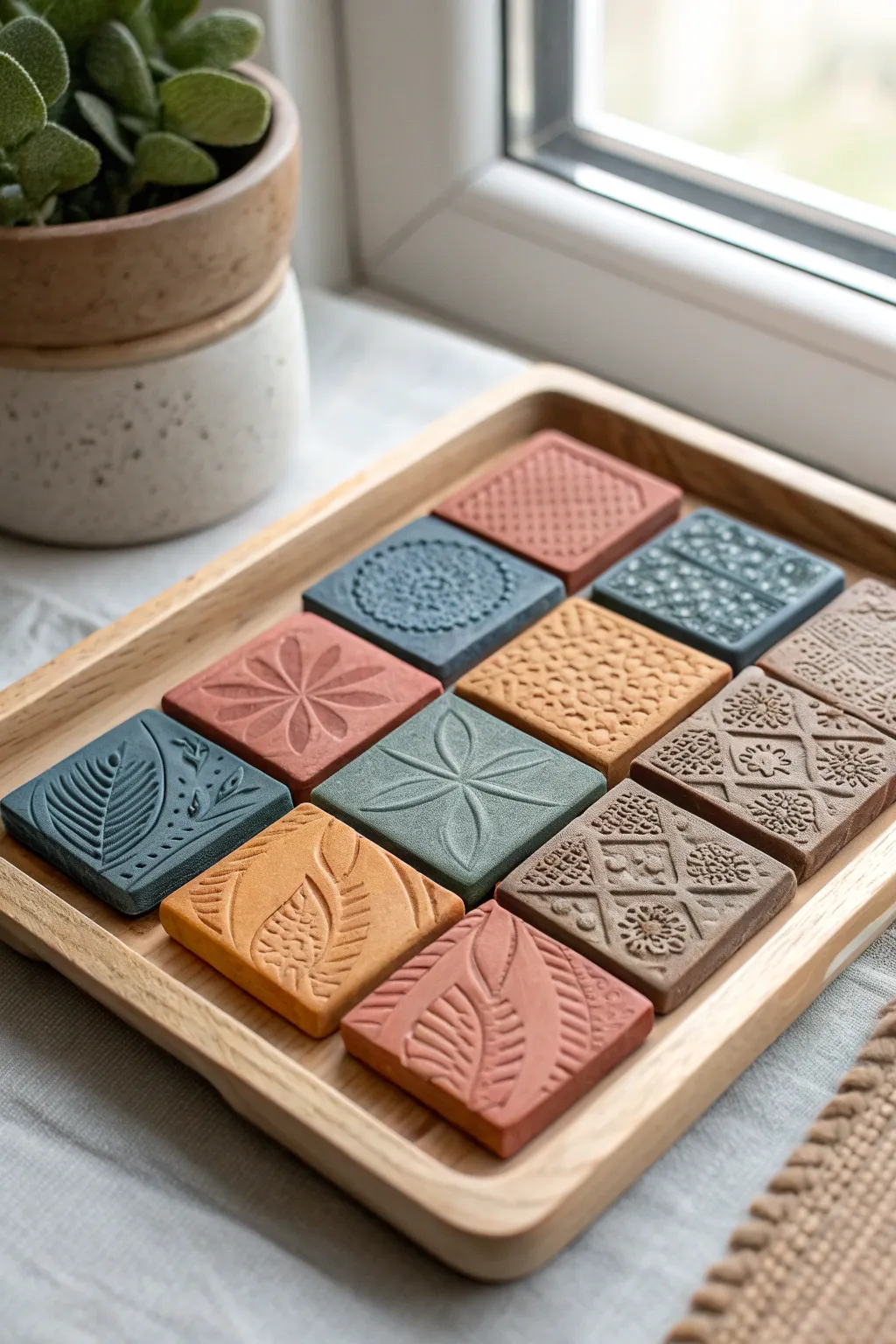 Kid friendly air dry clay texture stamp tiles, arranged in a bold, minimalist grid.